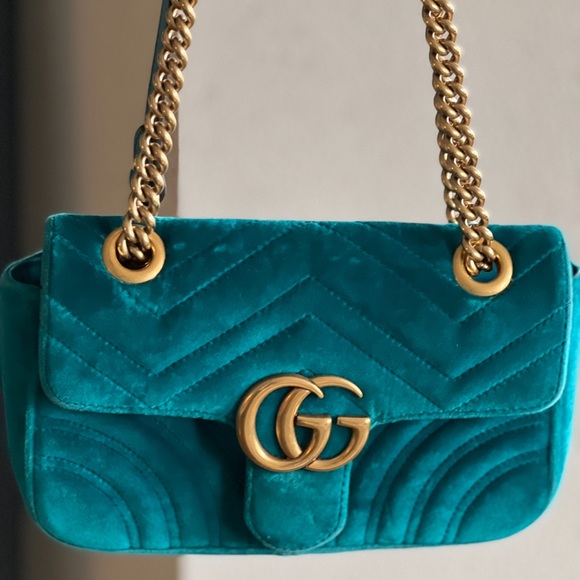 Gucci Handbags - Gucci Teal Velvet Marmont Small Shoulder Bag with Gold Hardware